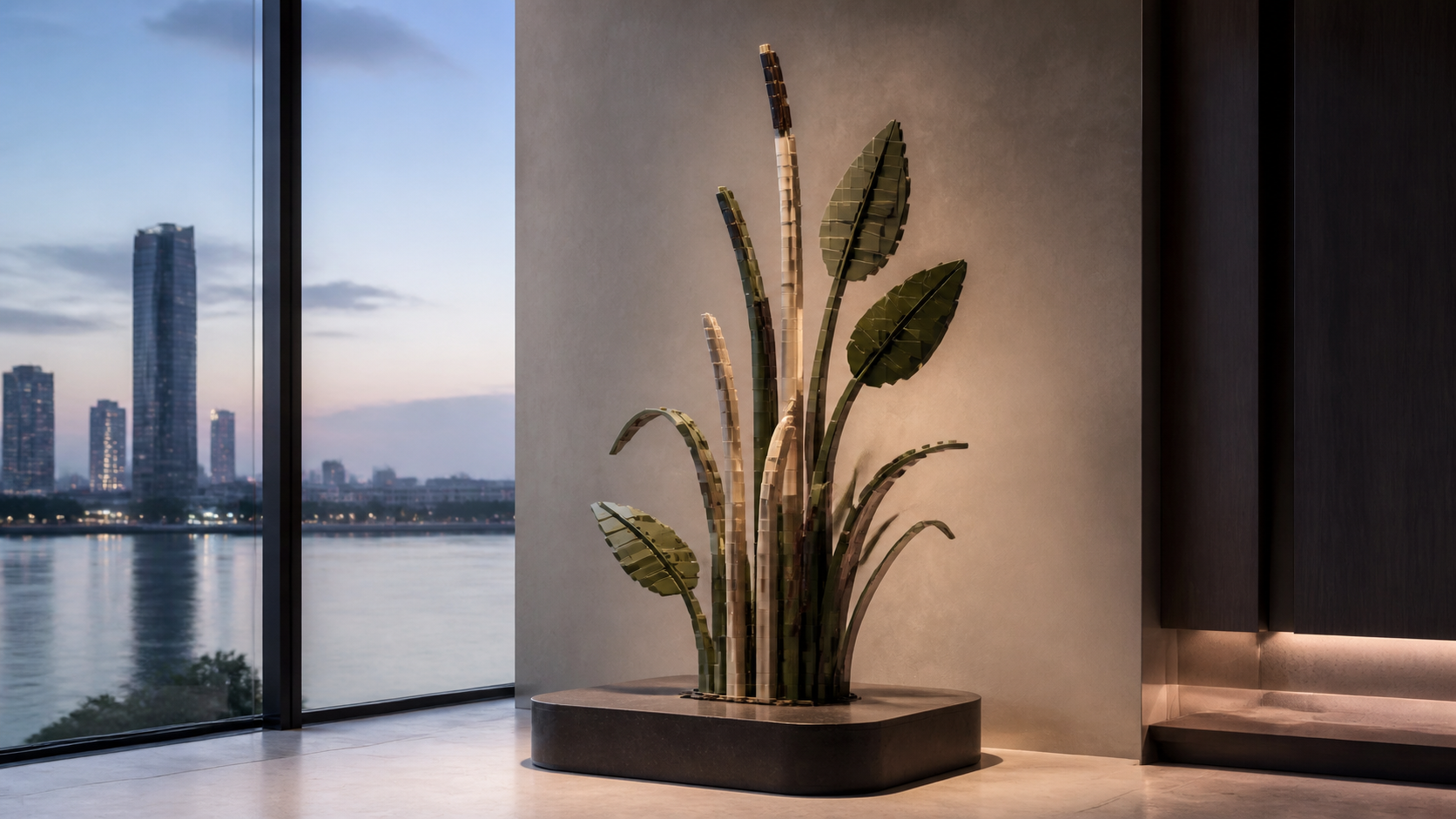 AI-assisted illustrative concept of a tall abstract brick-built botanical sculpture in warm ivory, sand and muted green on a broad dark plinth beside river-facing glazing