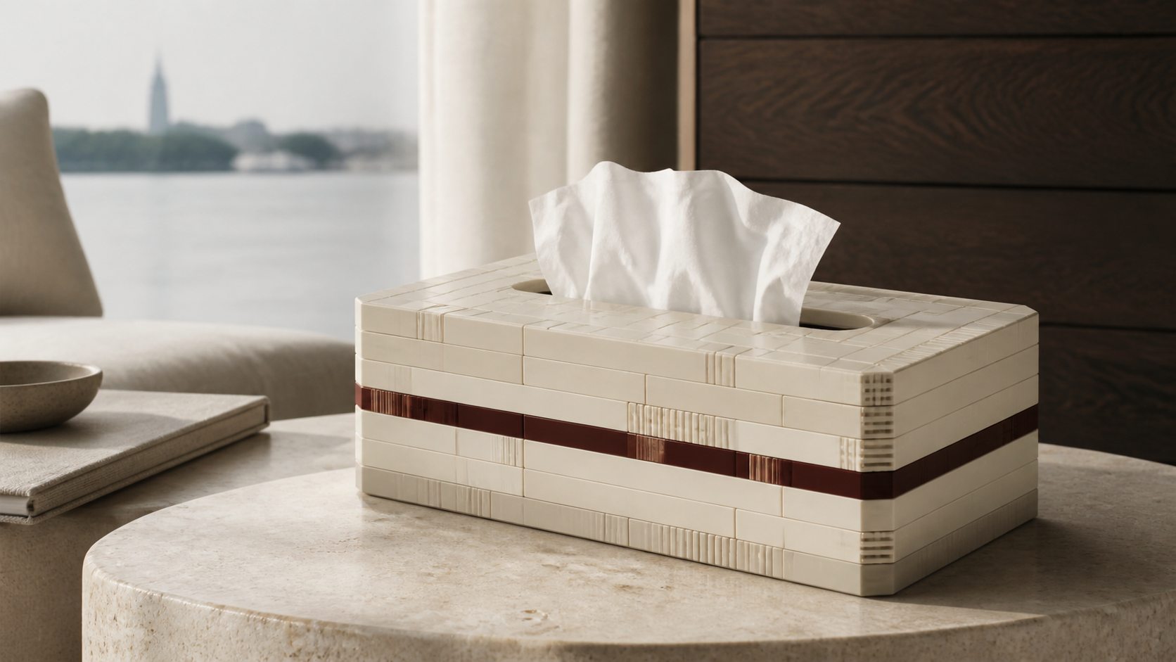 Illustrative concept for a quiet family-made tissue-box sleeve in the 168 interior palette